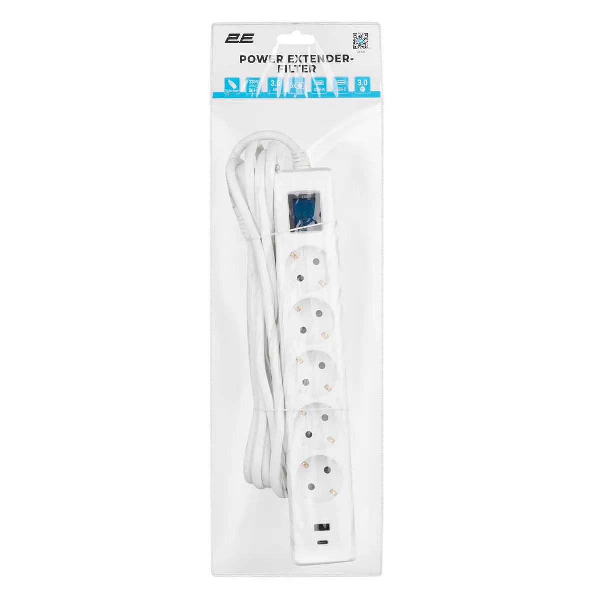 Мережевий фільтр 2E 5хSchuko, 1 х USB, 1 x USB-C, 3 м (2E-SP515M3USBWH) - мініатюра 4