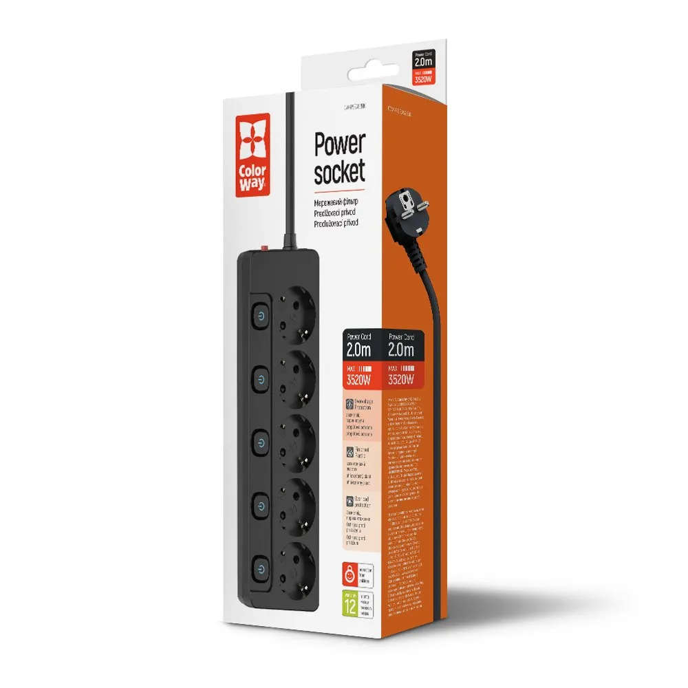Фільтр живлення СolorWay (CW-PSEA52SBK) 5 розеток, 2м, Black - мініатюра 7