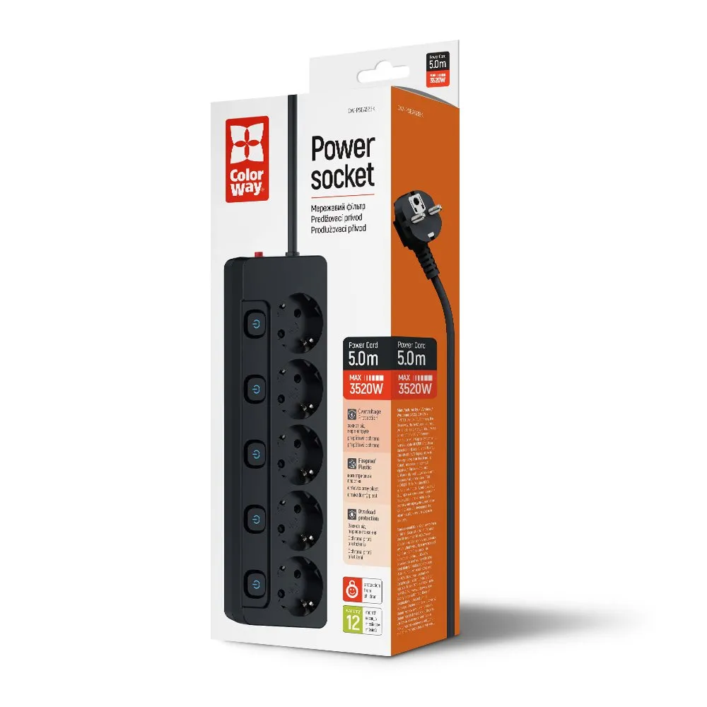 Фільтр живлення СolorWay (CW-PSEA55SBK) 5 розеток, 5м, Black - мініатюра 5