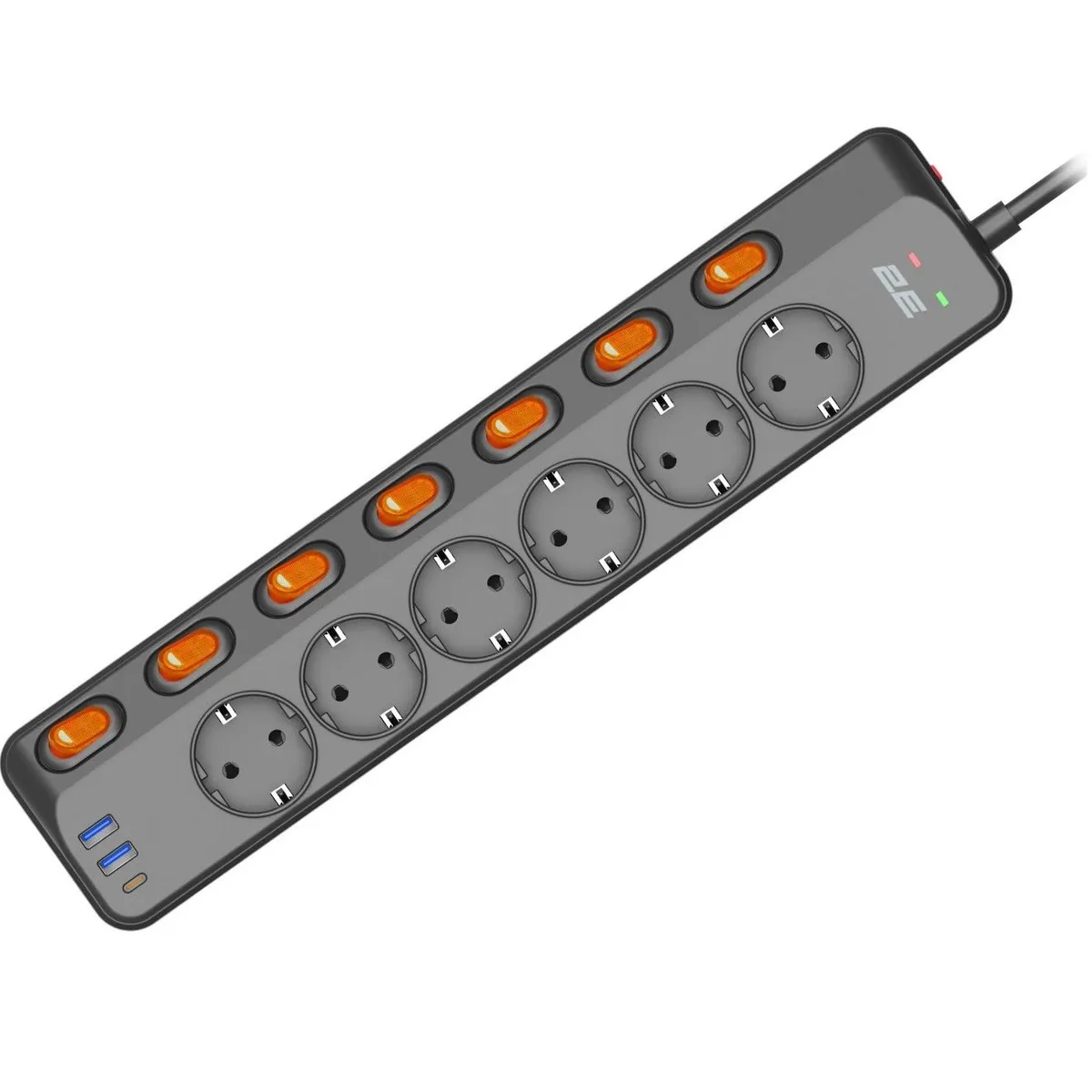 Мережевий фільтр 2E 6xТипF, 16A, 2xUSB-A, 1x USB-C, 3 м, чорний (2E-SP6M3SWBK) - зображення 1
