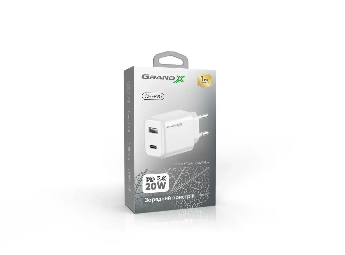 Мережевий зарядний пристрій Grand-X Fast Charge (1хUSB, 1хTypeC, 20W) White (CH-890) - зображення 1