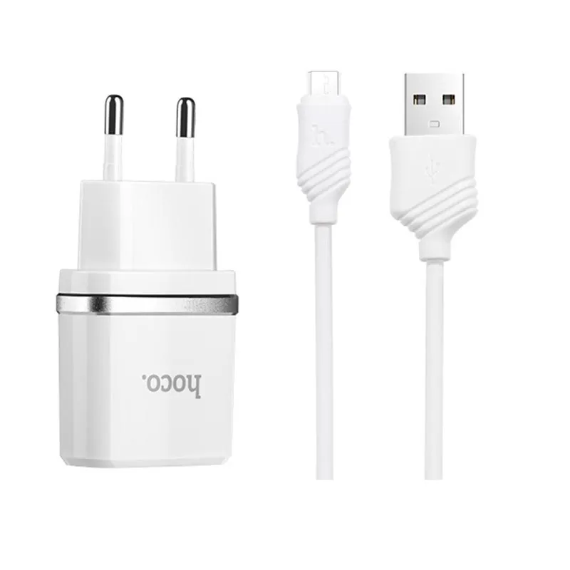 Мережевий зарядний пристрій Hoco C12 (2USB, 2.4А) White (C12MW) + кабель MicroUSB - зображення 1