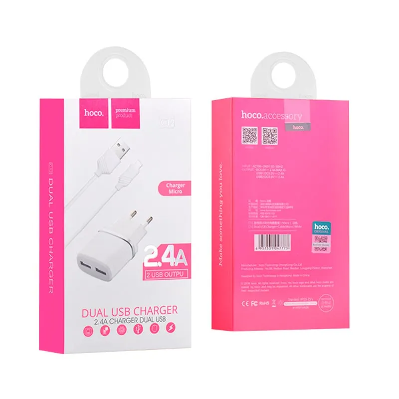 Мережевий зарядний пристрій Hoco C12 (2USB, 2.4А) White (C12MW) + кабель MicroUSB - мініатюра 4