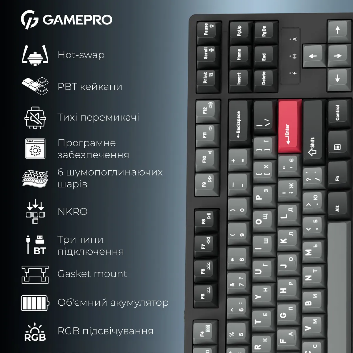 Клавіатура бездротова GamePro Asgard Ragnar Keychron Super Red Switch Black (MK285BK) - мініатюра 18
