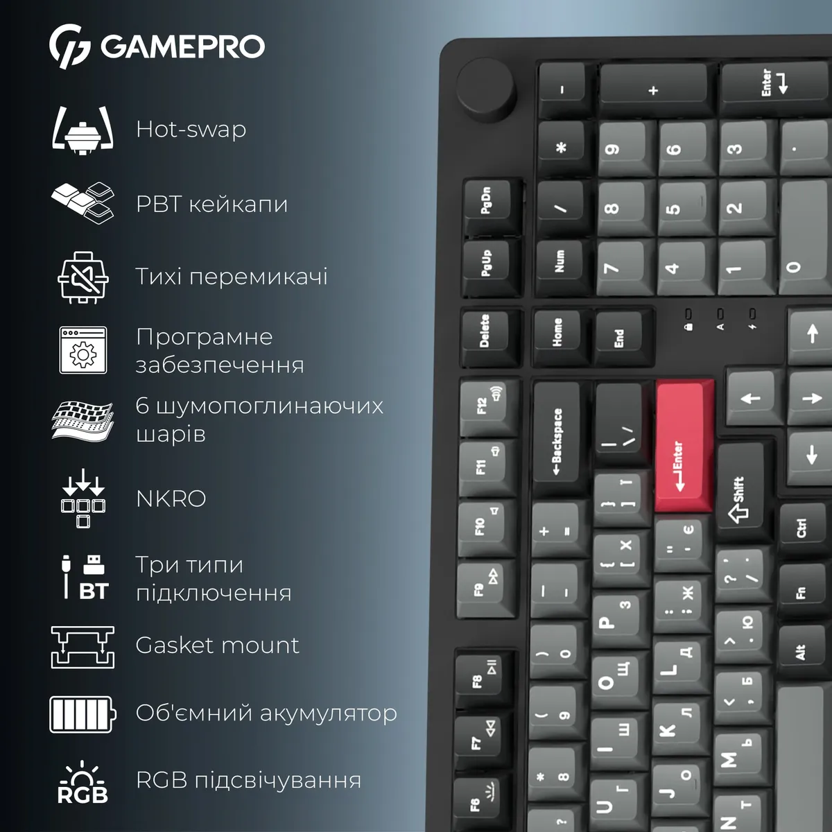 Клавіатура бездротова GamePro Asgard Drakkar Keychron Super Red Switch Black (MK305BK) - мініатюра 20