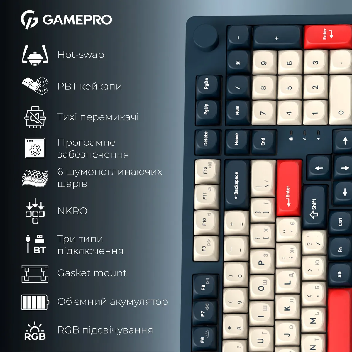 Клавіатура бездротова GamePro Asgard Drakkar Keychron Super Red Switch Blue (MK305BL) - мініатюра 20