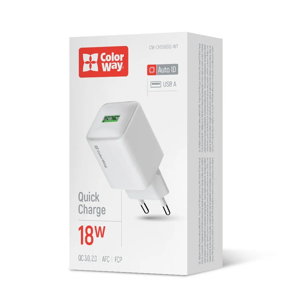 Мережевий зарядний пристрій ColorWay 1USB Quick Charge 3.0 (18W) V2 White (CW-CHS063Q-WT) - зображення 1
