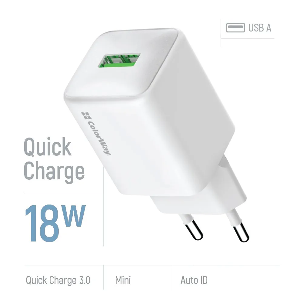 Мережевий зарядний пристрій ColorWay 1USB Quick Charge 3.0 (18W) V2 White (CW-CHS063Q-WT) - мініатюра 7