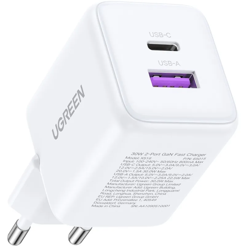 Зарядний пристрій Ugreen X516 2xUSB 30W (USB-A + USB-C) White (65015) - мініатюра 2