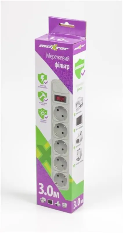 Фільтр живлення Maxxter 5 розеток 3м (SPM5-G-10G) сірий - мініатюра 2