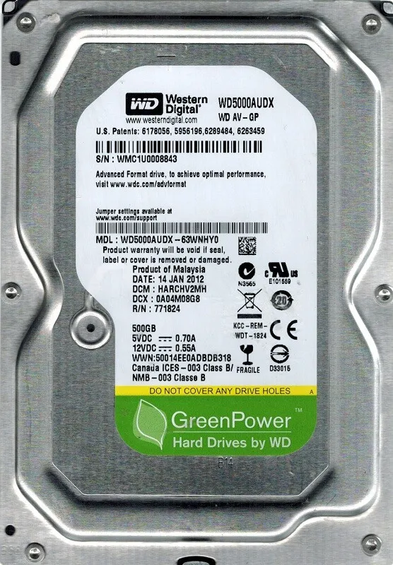 Накопичувач HDD SATA  500GB WD AV-GP 32MB (WD5000AUDX) Refurbished - зображення 1