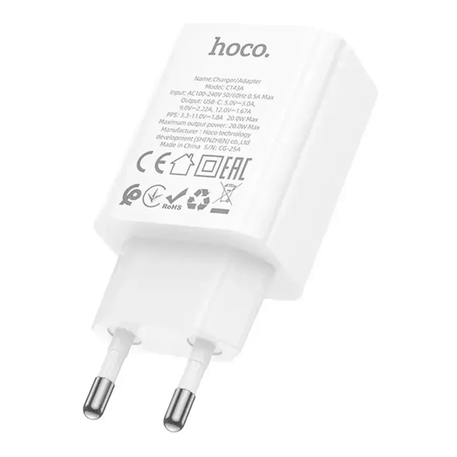 Мережевий зарядний пристрій Hoco C143A (1USB-C, 3А) 20W White (6942007652063) - мініатюра 2