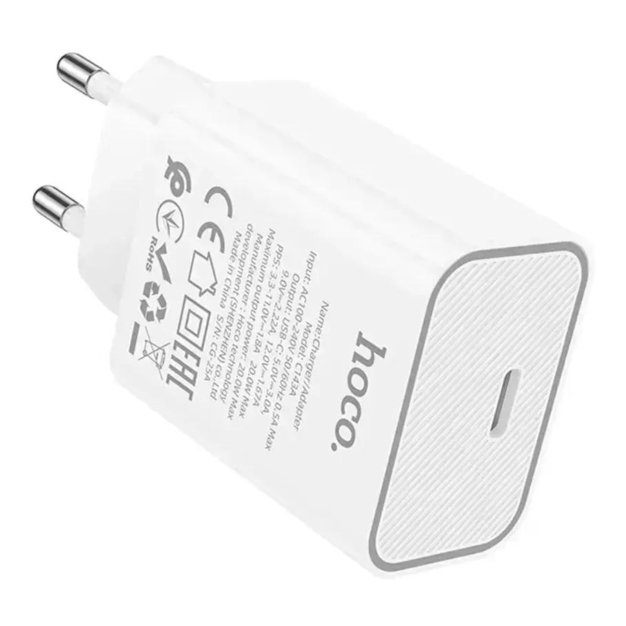 Мережевий зарядний пристрій Hoco C143A (1USB-C, 3А) 20W White (6942007652063) - мініатюра 3