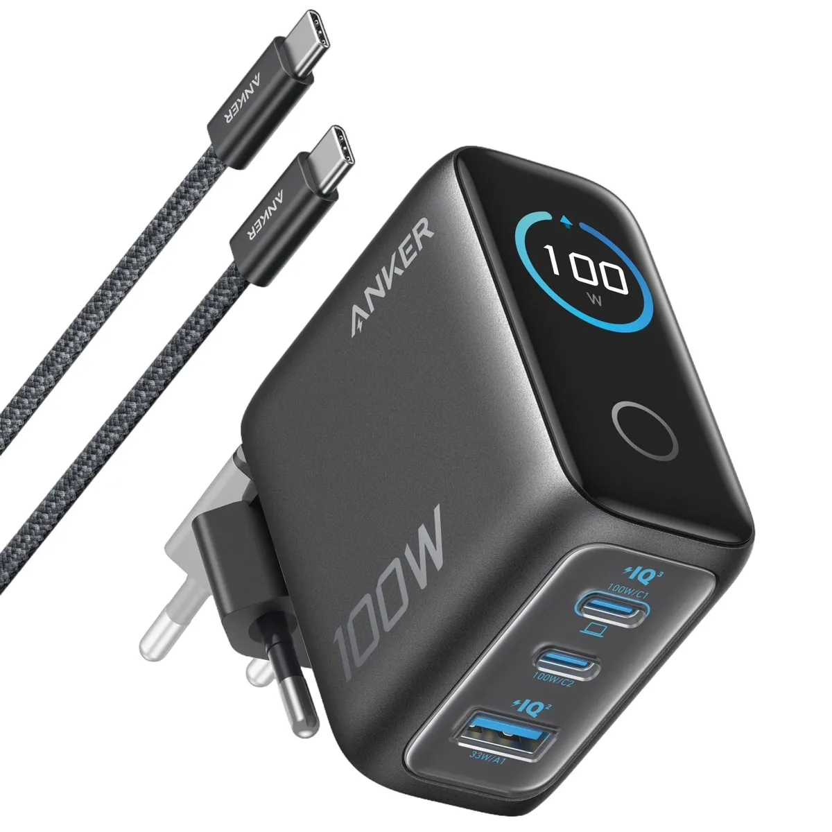 Мережевий зарядний пристрій Anker GaN Charger 100W, 2xUSB-C, 1xUSB-A, Display Dark Gray (B121BGZ1) + кабель USB Type-C - зображення 1
