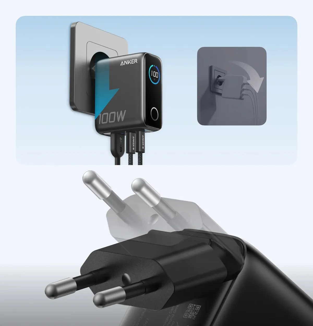 Мережевий зарядний пристрій Anker GaN Charger 100W, 2xUSB-C, 1xUSB-A, Display Dark Gray (B121BGZ1) + кабель USB Type-C - мініатюра 3