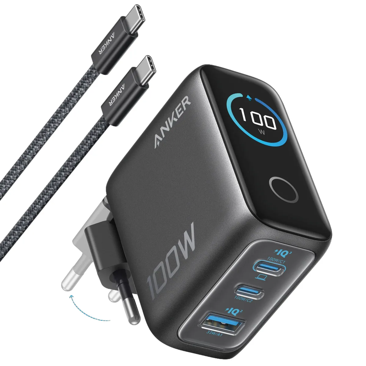 Мережевий зарядний пристрій Anker GaN Charger 100W, 2xUSB-C, 1xUSB-A, Display Dark Gray (B121BGZ1) + кабель USB Type-C - мініатюра 4