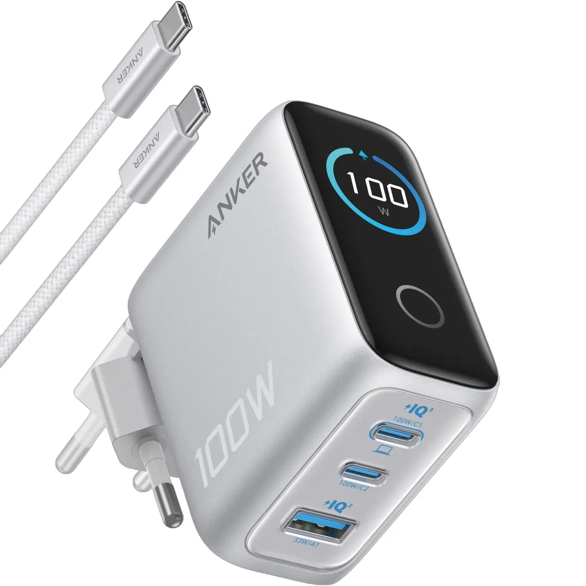Мережевий зарядний пристрій Anker GaN Charger 100W, 2xUSB-C, 1xUSB-A, Display Silver (B121BG41) + кабель USB Type-C - зображення 1