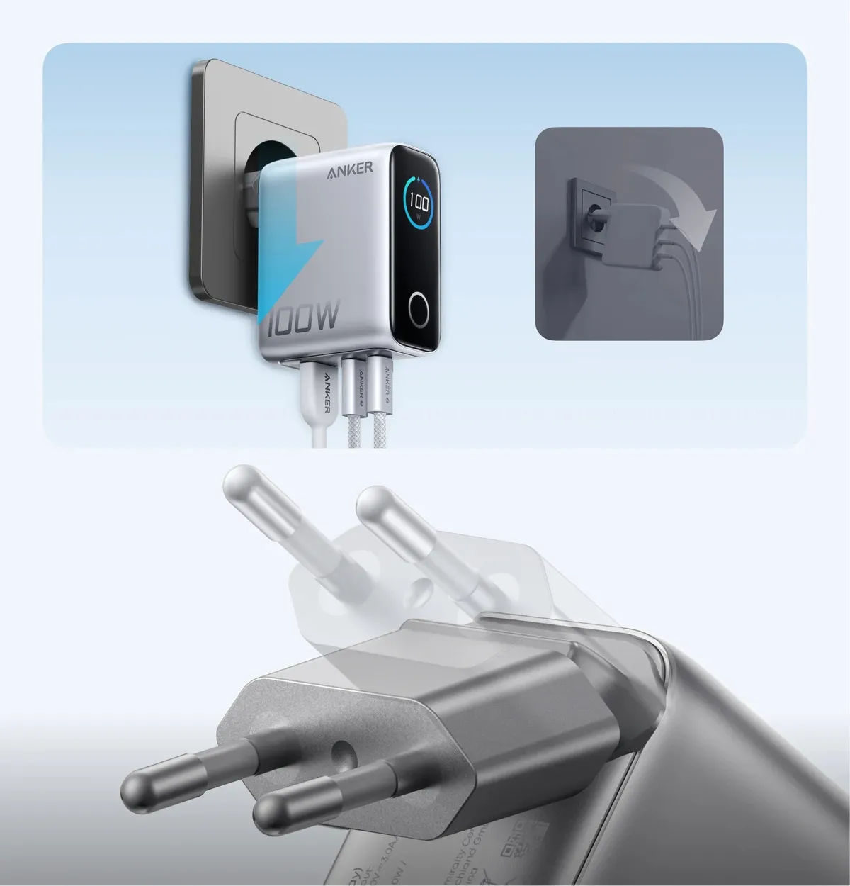Мережевий зарядний пристрій Anker GaN Charger 100W, 2xUSB-C, 1xUSB-A, Display Silver (B121BG41) + кабель USB Type-C - мініатюра 2