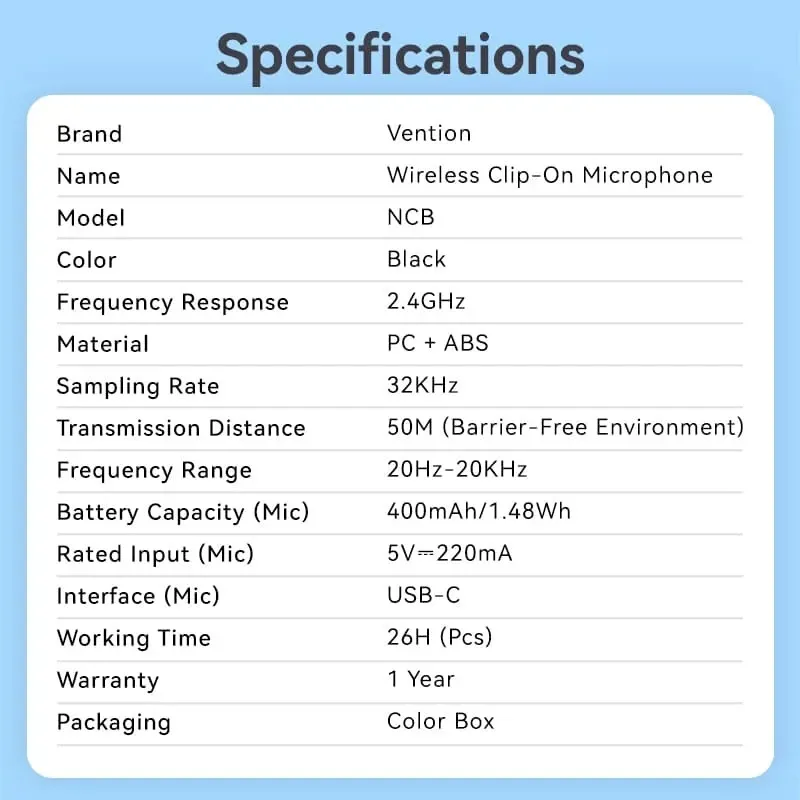 Мікрофон Vention USB Type-C 2-Pack Wireless Lavalier Black (NCBB0) - мініатюра 3