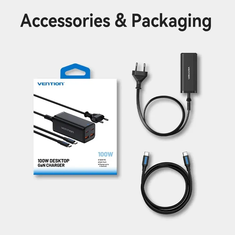 Мережевий зарядний пристрій Vention 4-Port USB GaN Charger 2x100W/2x18W Black (FBSBG-EU) - зображення 1