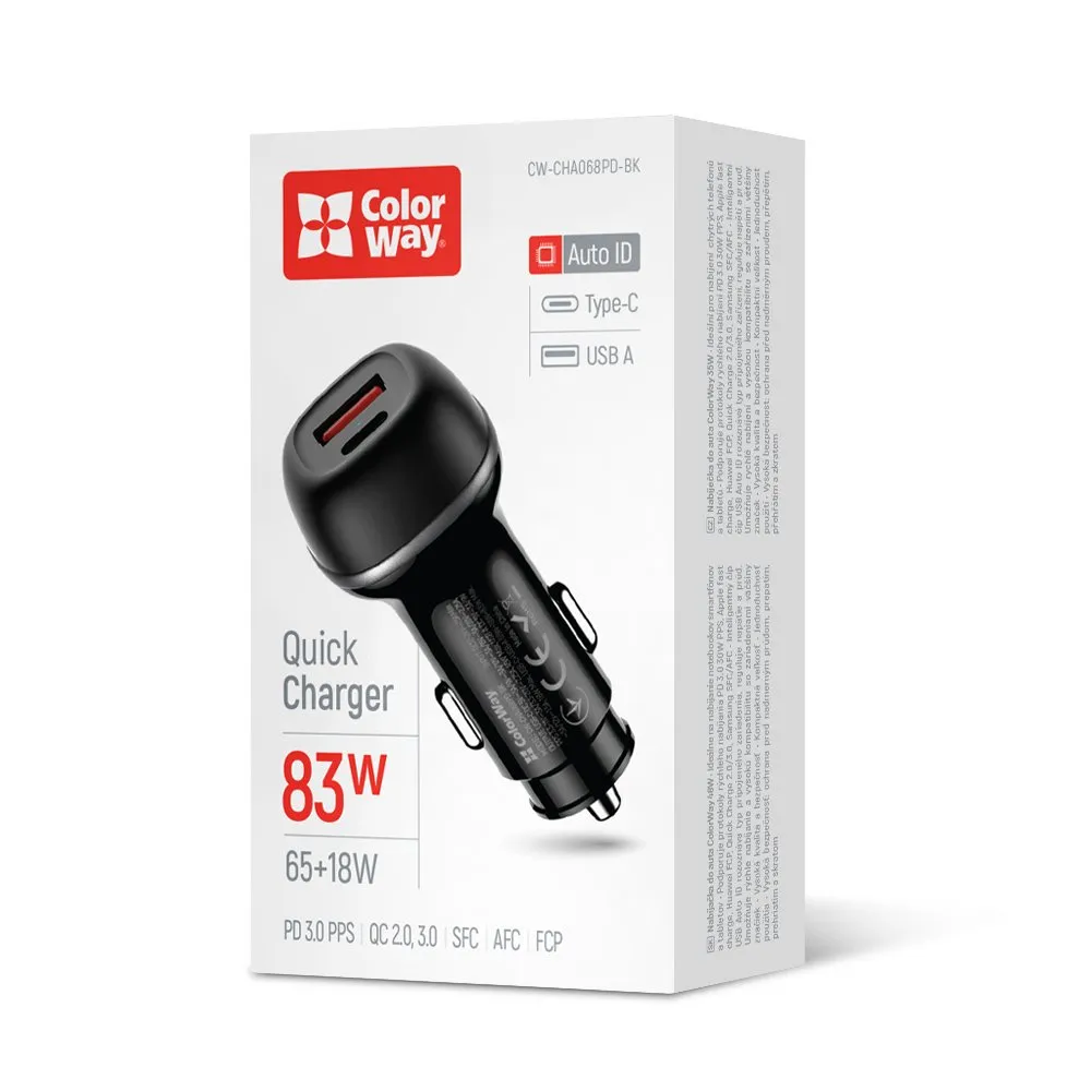 Автомобільний зарядний пристрій ColorWay 2USB (Type-C PD65W + USB QC3.0 18W) 83W Black (CW-CHA068PD-BK)