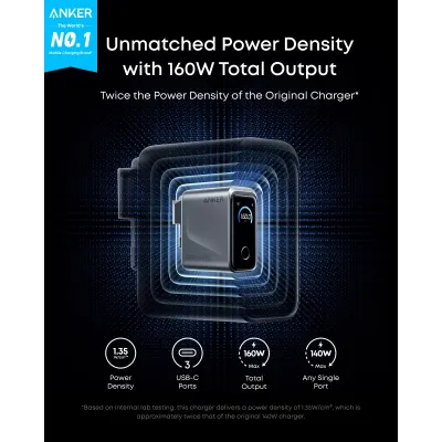 Мережевий зарядний пристрій Anker GaN Prime Charger 160W, 3xUSB-C, Display Silver (A2687341) - мініатюра 5