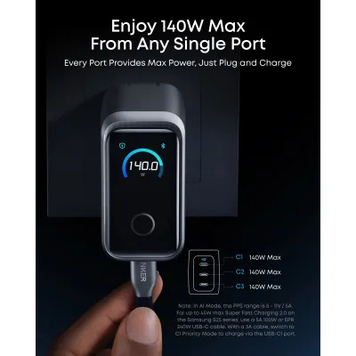Мережевий зарядний пристрій Anker GaN Prime Charger 160W, 3xUSB-C, Display Silver (A2687341) - мініатюра 6