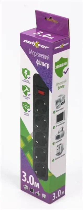 Фільтр живлення  Maxxter 5 розеток 3м (SPM5-G-10B) чорний - мініатюра 2