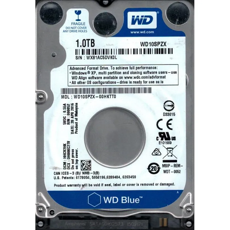 Накопичувач HDD 2.5" SATA 1.0TB WD Blue 5400rpm 128MB (WD10SPZX) Refurbished - зображення 1