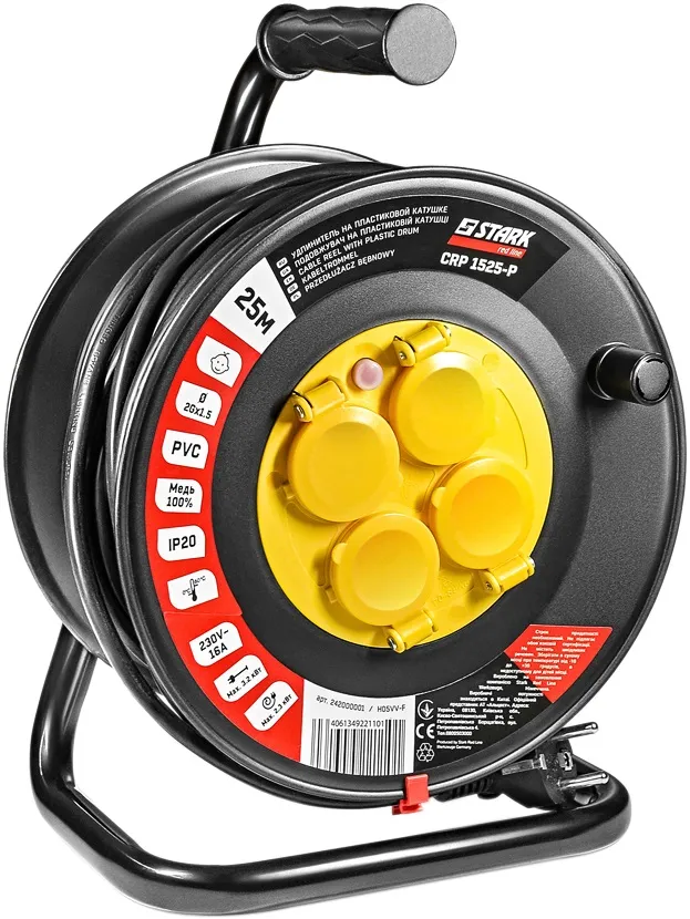 Подовжувач на котушці Stark CRP 1525-P (242000001) 4 розетки, 25 м, чорний - зображення 1
