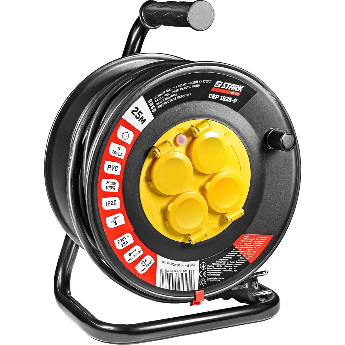 Подовжувач на котушці Stark CRP 1525-P (242000001) 4 розетки, 25 м, чорний - мініатюра 6