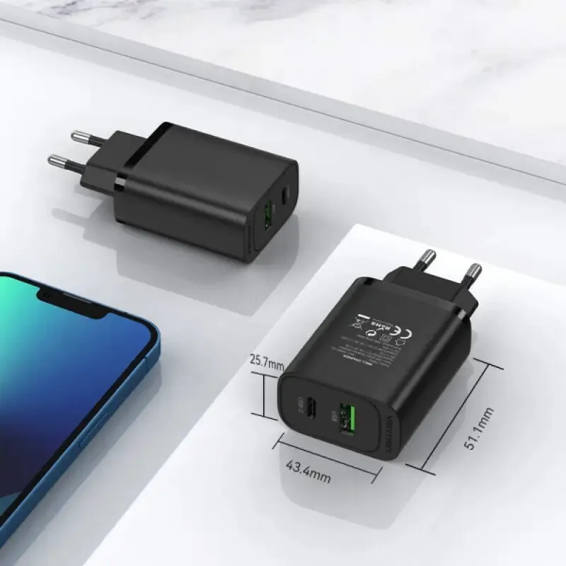 Мережевий зарядний пристрій Vention USB Type A + QC3.0 USB-C + QC4.0 (38W), Black (FBIB0-EU) - мініатюра 2