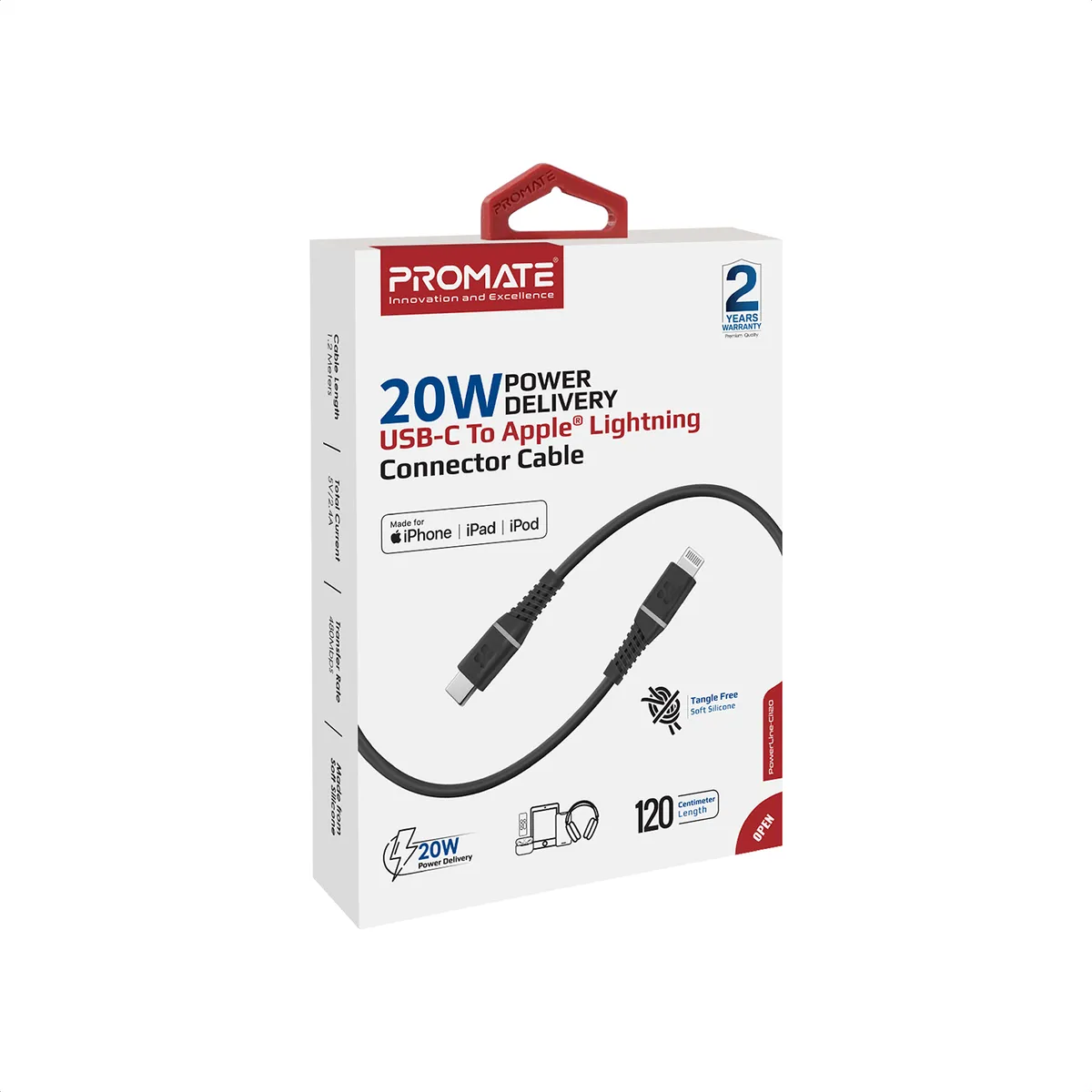 Кабель Promate PowerLine-Ci120 USB Type-C - Lightning (M/M), 2.2 A, 20 W, 1.2 м, Black - мініатюра 7