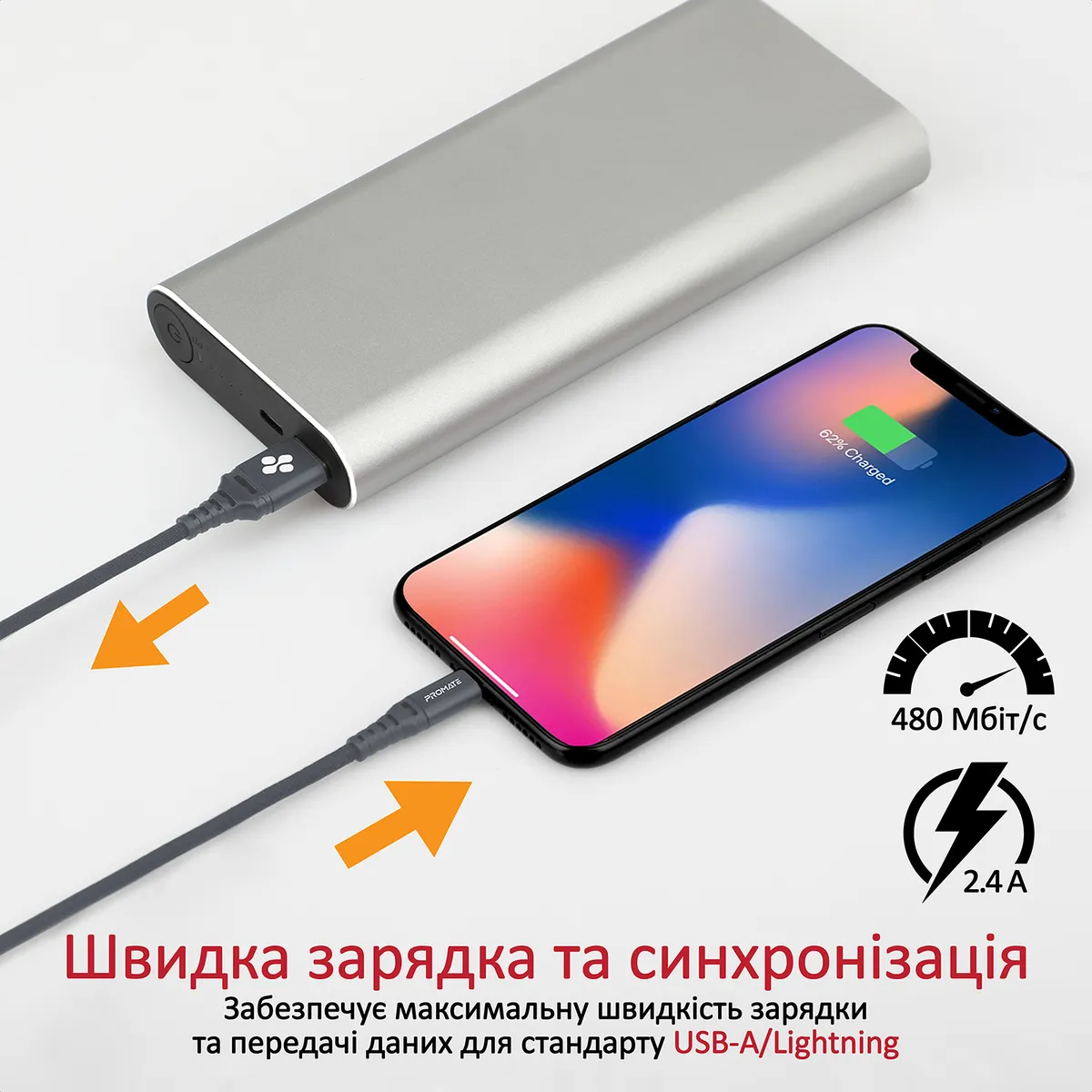 Кабель Promate NerveLink-i USB - Lightning (M/M), 2.4 A, 1.2 м, Grey - мініатюра 2