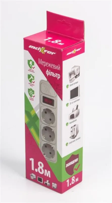 Фільтр живлення Maxxter (SPM3-G-6G) 3 розетки, 1.8м, білий - мініатюра 2