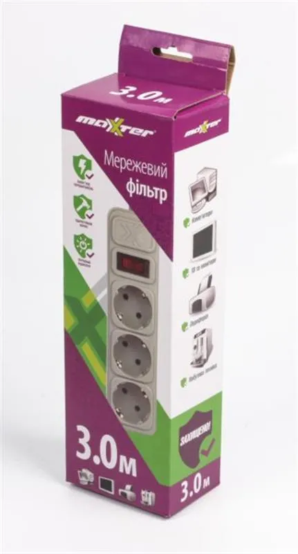 Фільтр живлення Maxxter (SPM3-G-10G) 3 розетки, 3м, білий - мініатюра 2