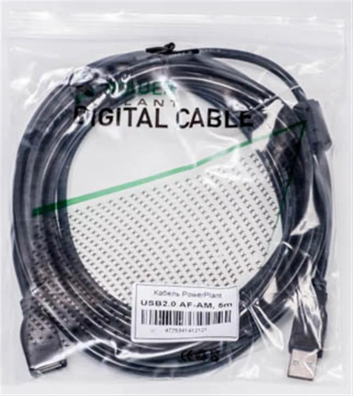 Кабель PowerPlant (KD00AS1212) USB2.0(AF)-USB2.0(AM), 5м, One ferrite, Black - мініатюра 2