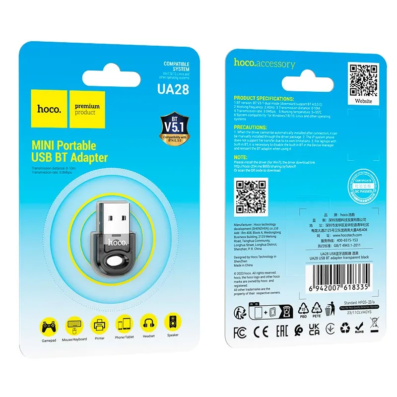 Bluetooth-адаптер Hoco UA28 v5.1 Black - мініатюра 2