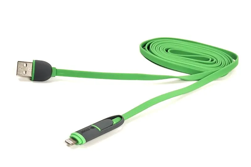 Кабель PowerPlant Quick Charge Flat USB2.0-MicroUSB-Lightning, 2м Green (CA910502) - зображення 1