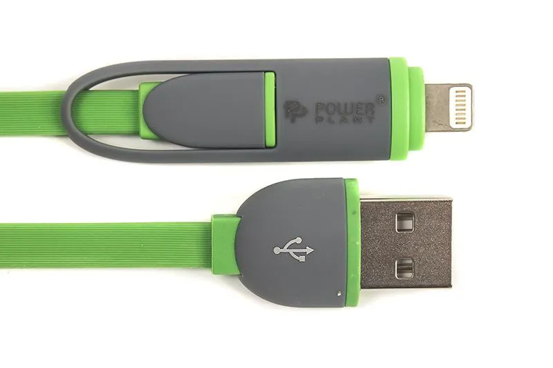 Кабель PowerPlant Quick Charge Flat USB2.0-MicroUSB-Lightning, 2м Green (CA910502) - мініатюра 2