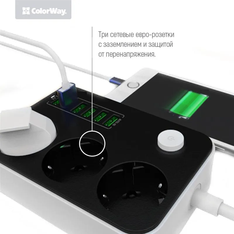 Фільтр живлення ColorWay CW-CHE36B 3 розетки, 6 USB, 1.8 м, чорний - мініатюра 3