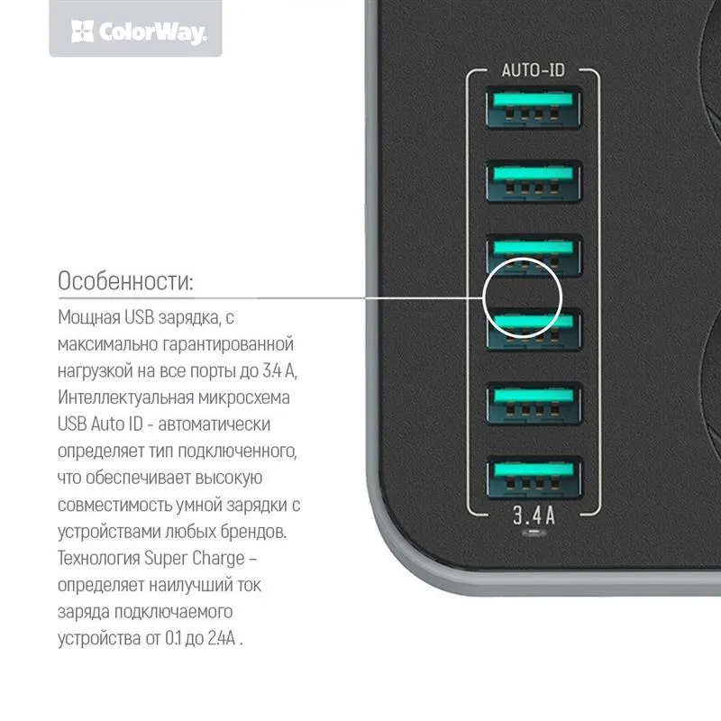 Фільтр живлення ColorWay CW-CHE36B 3 розетки, 6 USB, 1.8 м, чорний - мініатюра 6