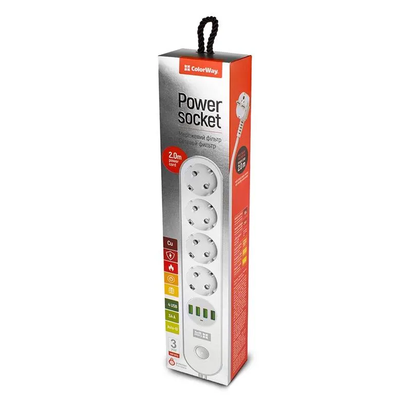 Фільтр живлення ColorWay CW-CHE44W 4 розетки, 4 USB, 2 м, білий - мініатюра 10