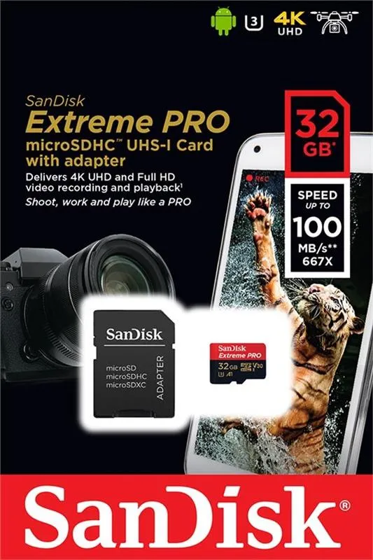 Карта пам`яті MicroSDHC 32GB UHS-I/U3 Class 10 SanDisk Extreme Pro A1 + SD-адаптер R100/W90MB/s (SDSQXCG-032G-GN6MA) - мініатюра 2