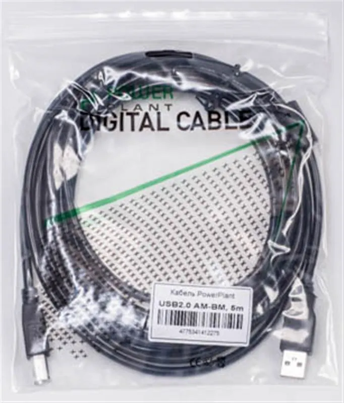 Кабель PowerPlant (KD00AS1227) USB2.0(AM)-USB2.0(BM), 5м, Black, one ferrite - мініатюра 2