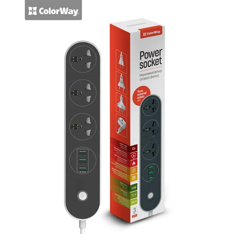 Фільтр живлення СolorWay (CW-CHU33B) 3 розетки, 3xUSB, 1.8м, Black - зображення 1