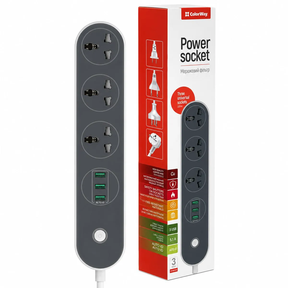 Фільтр живлення СolorWay (CW-CHU33B) 3 розетки, 3xUSB, 1.8м, Black - мініатюра 12