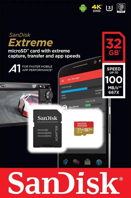 Карта пам`ятi MicroSDHC 32GB UHS-I/U3 Class 10 SanDisk Extreme A1 R100/W60MB/s + SD-adapter (SDSQXAF-032G-GN6MA) - мініатюра 3