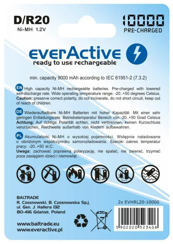 Акумулятор everActive D/HR20 10000mAh BL 2шт - зображення 1