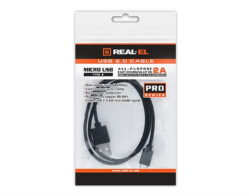 Кабель REAL-EL Pro USB - micro USB V 2.0 (M/M), 0.6 м, чорний (EL123500021) - мініатюра 2